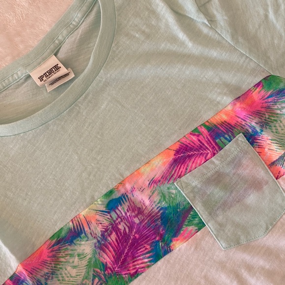 Mint/white PINK short sleeve tee with neon palm leave detail - Picture 2 of 3